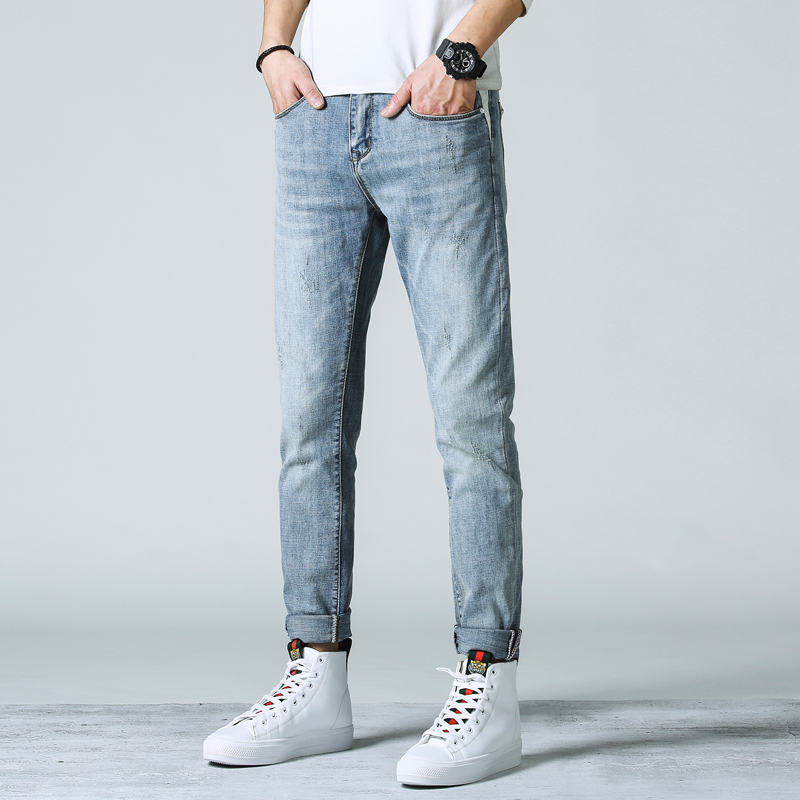 Hong Kong High-end Autumn Tide Brand Jeans Men Light Blue Slim Korean Trend Joker Men's Straight Long Pants