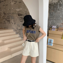 White denim shorts womens summer 2020 new high waist a-shaped wide legs loose Korean version thin tooling beige