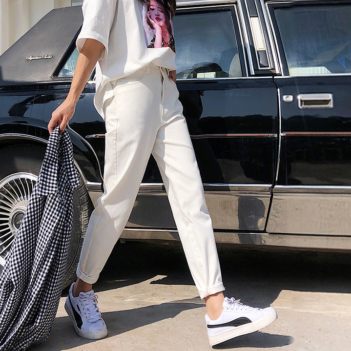 White daddy pants women's 2020 spring new tide high-waisted loose Hyuna Harun Lob slim beige jeans