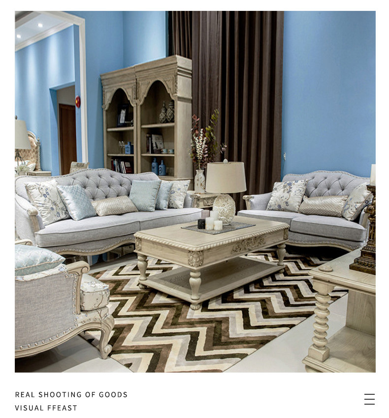 товар из китая 美式实木沙发小户型客厅三人组合布艺家具欧式法式复古全实木印花 Li Jia craftsman