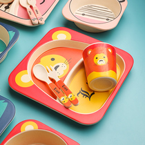 Childrens dinner plate bamboo fiber tableware set cartoon divider breakfast bowl baby eating supplementary bowl fork spoon set