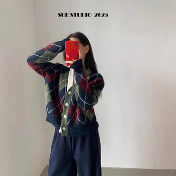 Sue retro diamond sweater knitted cardigan women's winter new korean slim v-neck top jacket trend 37233