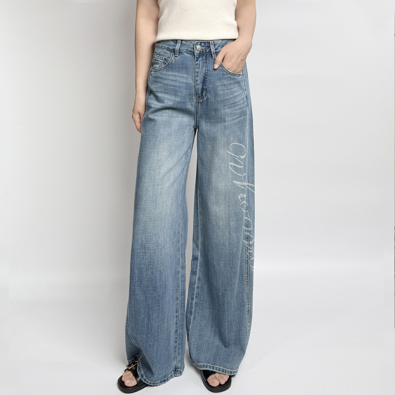 A317E5 Retro Washed Letter Print Wide-Leg Loose Denim Pants for Women, Spring High-Waisted Non-Stretch A317E5 Retro Washed Letter Print Wide-Leg Loose Denim Pants for Women, Spring High-Waisted Non-Stretch
