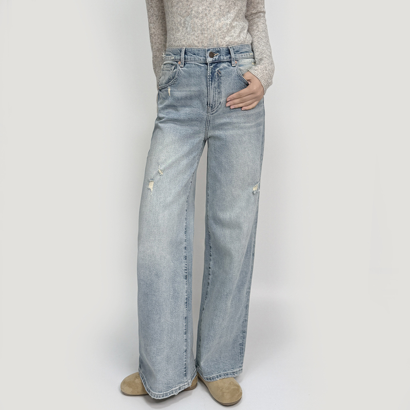 【One-Piece Pants】A003Jy Korean Style Ins Straight Ripped Denim Long Pants for Women, New High-Waisted Stretchy