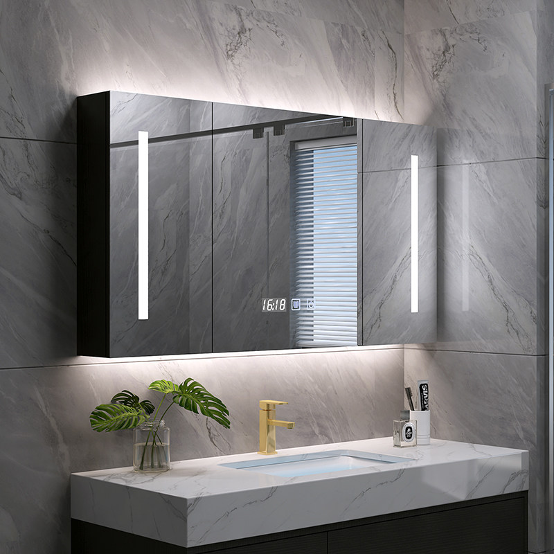 Smart bathroom mirror cabinet wall-mounted solid wood mirror box with lights De-fog mirror shelf Toilet storage integrated cabinet