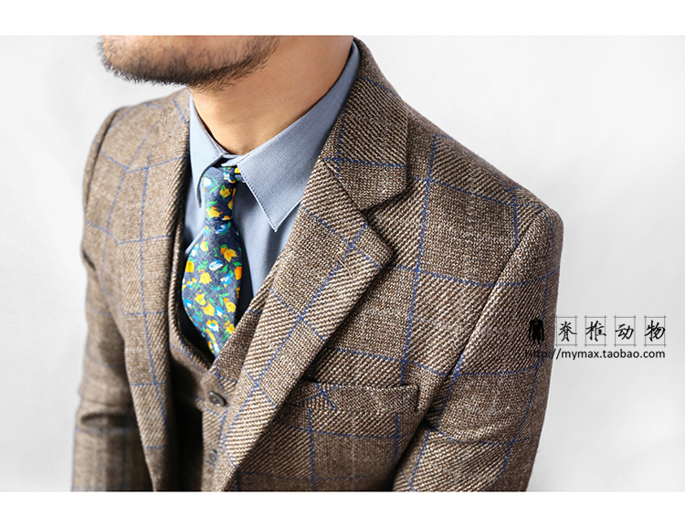 Vertebrate Men Retro Quần len kẻ sọc Anh Quần hai mảnh Cưỡi gió Bộ đồ len quần kaki
