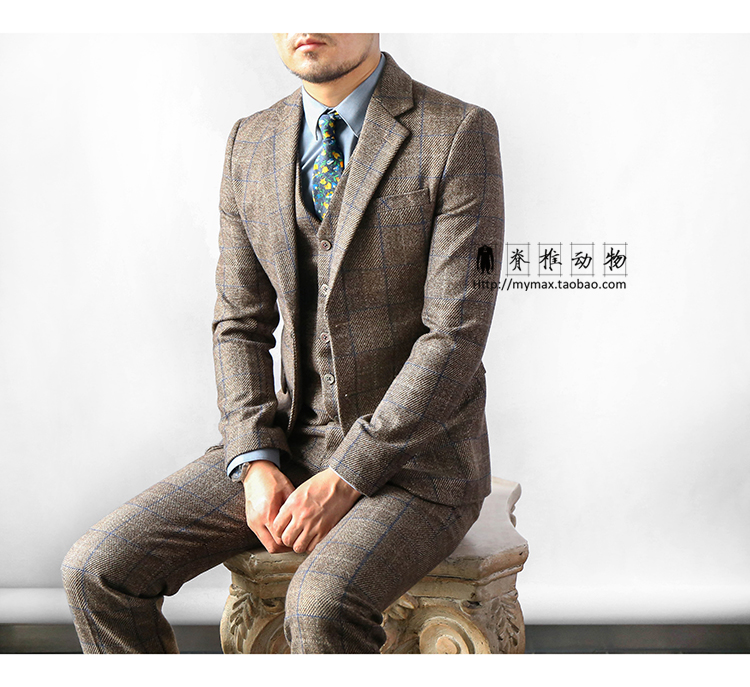 Vertebrate Men Retro Quần len kẻ sọc Anh Quần hai mảnh Cưỡi gió Bộ đồ len quần kaki