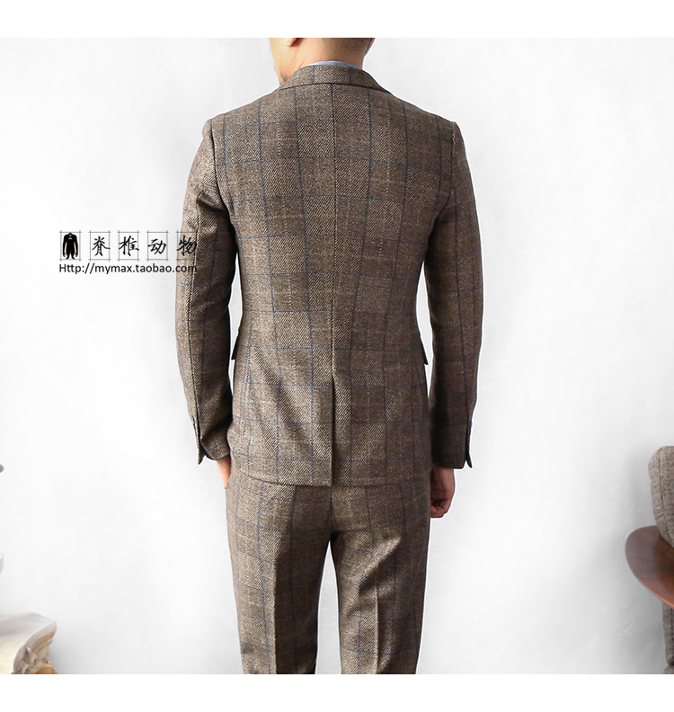 Vertebrate Men Retro Quần len kẻ sọc Anh Quần hai mảnh Cưỡi gió Bộ đồ len quần kaki