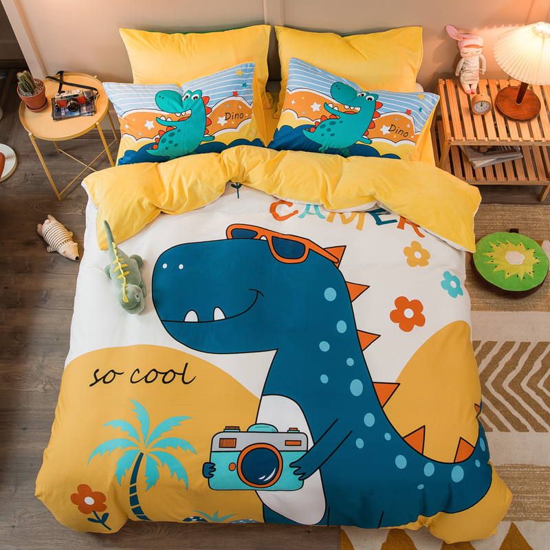 Pure Cotton Gush Coral Suede Cartoon Four Pieces Thicken Flannel Full Cotton Linen Quilt face cover Children's three sets