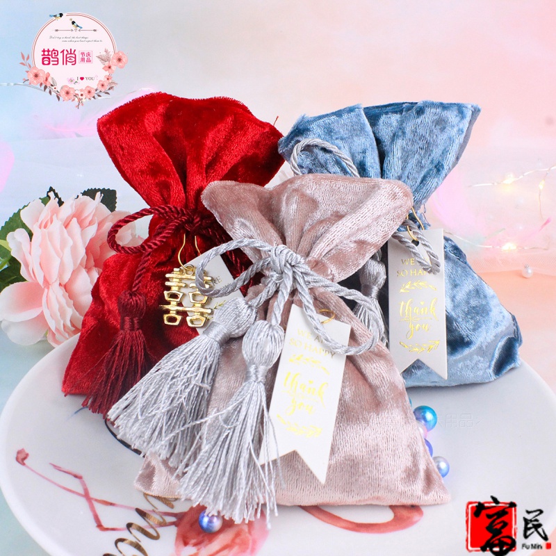 Drawstring happy candy bag Wedding creative flannel brocade Satin Happy candy bag with hand gift box Happy candy box