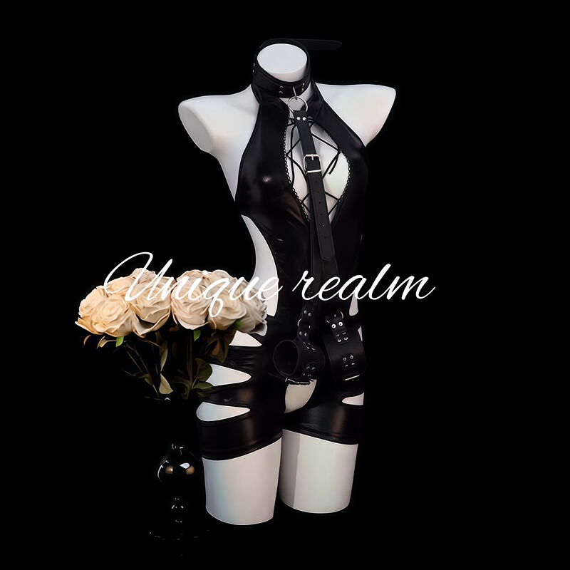 Quiet Realm'Gothic Shackles' Sexy Deep V One-Piece Leather Suit Hollow-Out Abstinence Uniform Couple Fun Qqny Lingerie