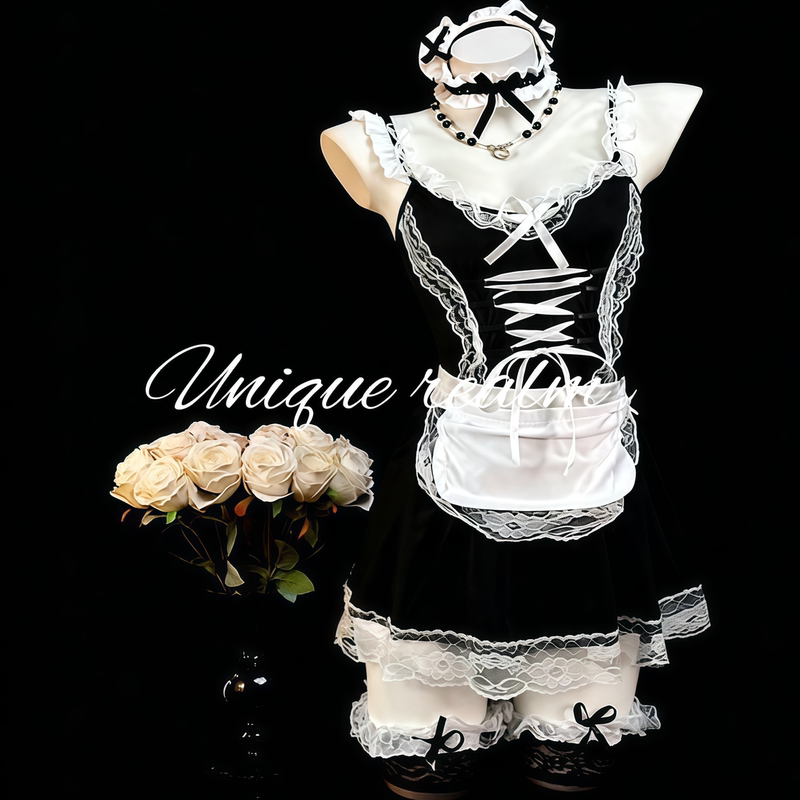Quiet Realm'Male Servant Butler' Japanese-Style Black Maid Outfit Uniform Lolita Sexy Suspender Apron Robe Nightgown
