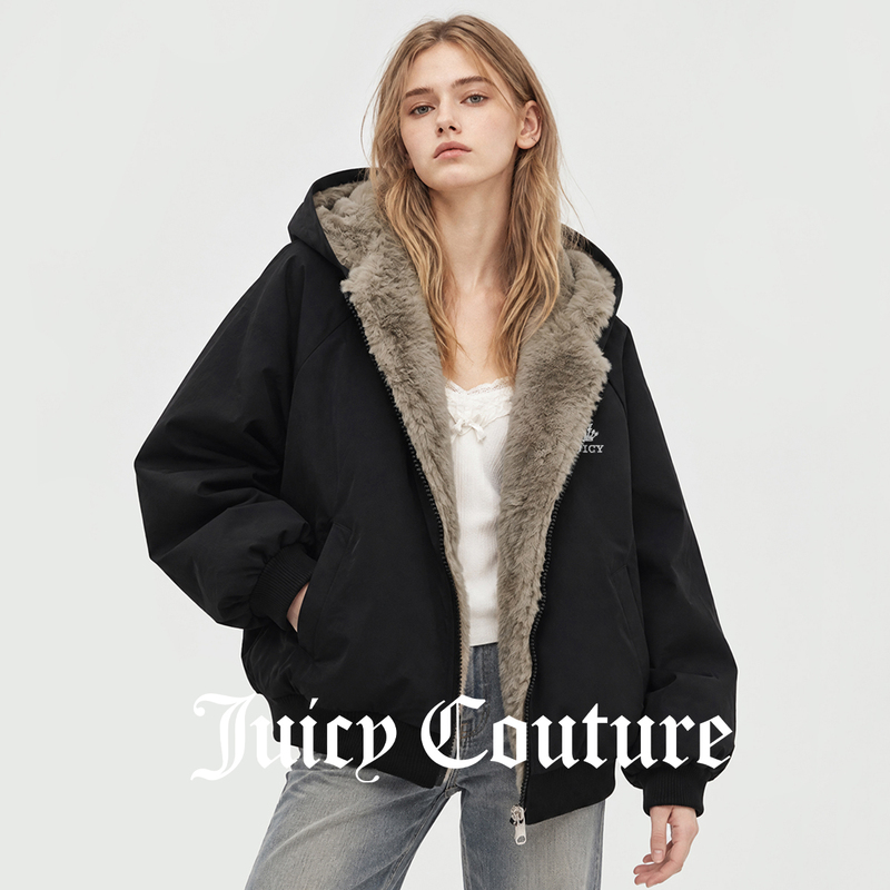 Juicy Couture Loose Hooded Fur Collar Cotton Jacket for Women, Autumn and Winter Zipper Versatile Top Cotton Coat Juicy Couture Loose Hooded Fur Collar Cotton Jacket for Women, Autumn and Winter Zipper Versatile Top Cotton Coat