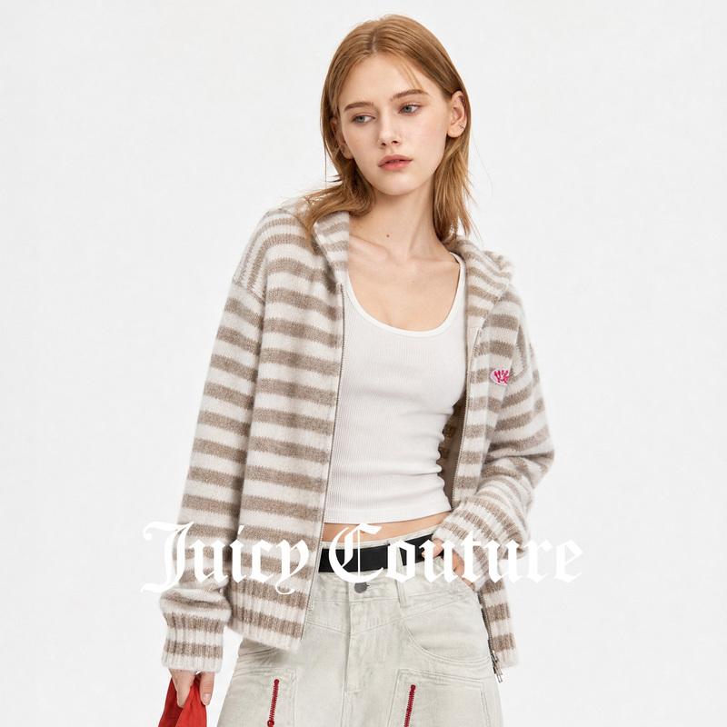 Juicy Couture Orange Striped Color-Block Zipper Cardigan Hooded Knit Sweater for Women, Versatile for Autumn Juicy Couture Orange Striped Color-Block Zipper Cardigan Hooded Knit Sweater for Women, Versatile for Autumn