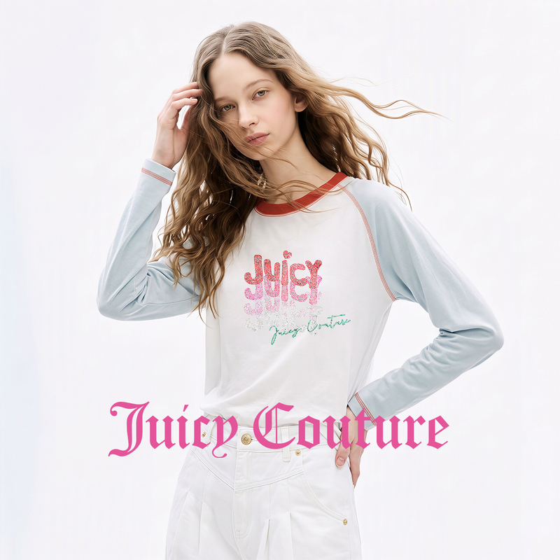 Juicy Couture Orange Raglan Sleeve Design Round Neck T-Shirt for Women with Letter Print, Loose Fit, Slimming Long-Sleeve Top Juicy Couture Orange Raglan Sleeve Design Round Neck T-Shirt for Women with Letter Print, Loose Fit, Slimming Long-Sleeve Top