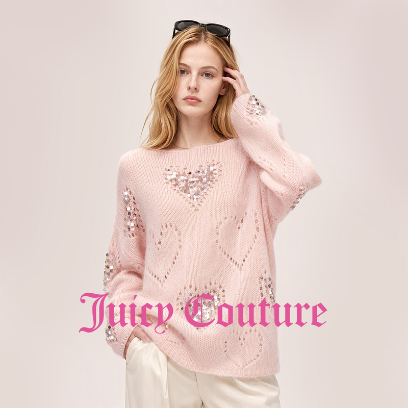 Juicy Couture Orange Heart Pattern Sequined Cutout Design Long-Sleeved Round-Neck Knitwear for Women in Autum Juicy Couture Orange Heart Pattern Sequined Cutout Design Long-Sleeved Round-Neck Knitwear for Women in Autum