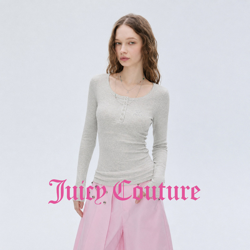 Juicy Couture Orange Long-Sleeved T-Shirt Women's Fitted Retro Style Button Round Neck Inner Layering Top Juicy Couture Orange Long-Sleeved T-Shirt Women's Fitted Retro Style Button Round Neck Inner Layering Top