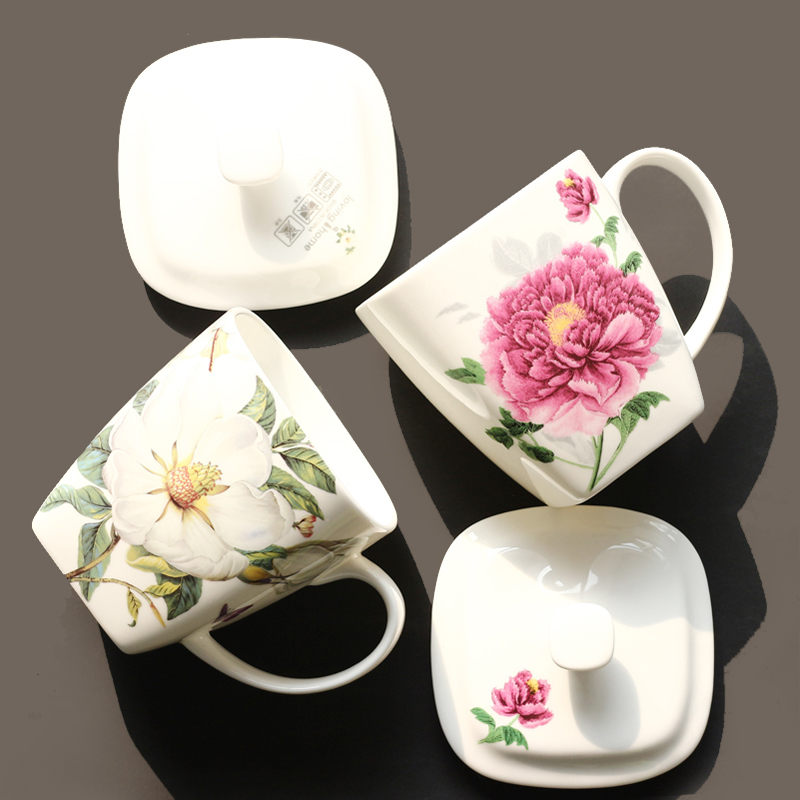 2 packs bone china with lid mug lead-free ceramic lidded cup square large-capacity cup with water cup set