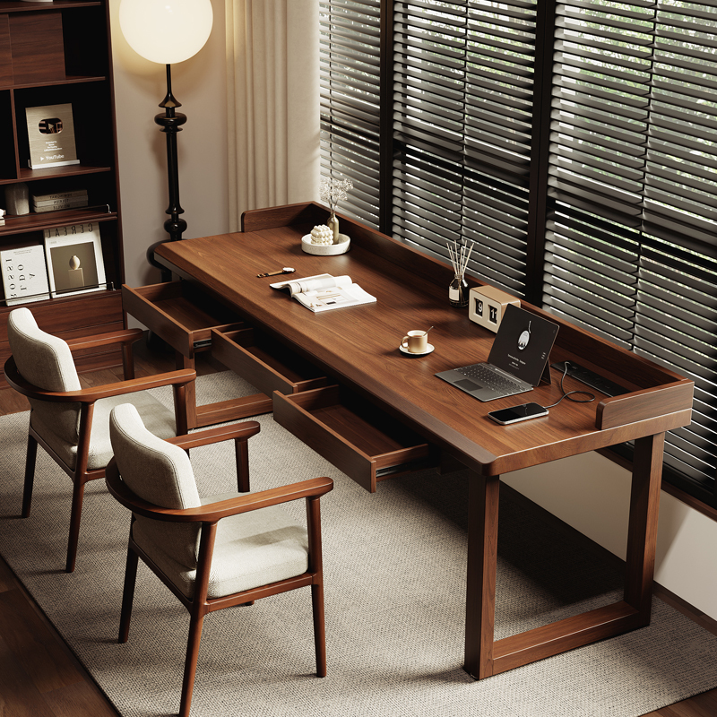 All-Solid Wood Double Desk 2026 Model, Mid-Century Style, Home Office Writing Desk, Bedroom Desk with Drawers