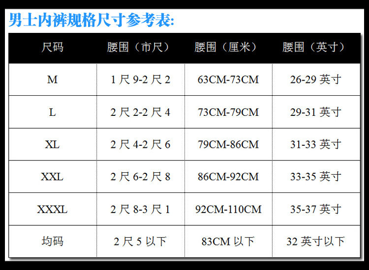男士內褲尺寸規格參考表