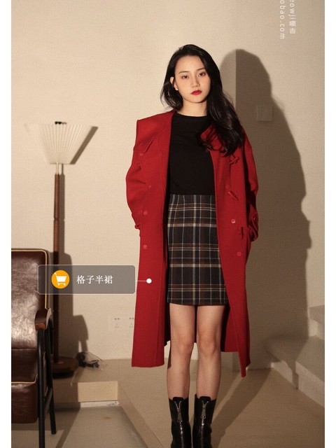 喵吉复古中长款连帽双面呢子大衣休闲红色牛角扣毛呢外套女秋冬厚