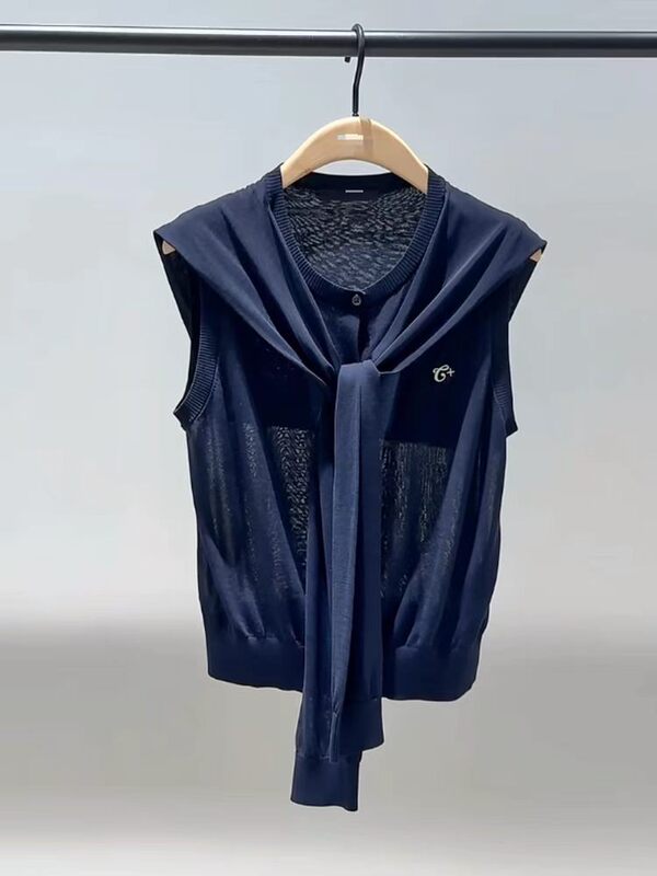 【+ Series】Authentic Knitted Sweater with Faux Two-Piece Design, 2026 Summer New Silk Cotton Tie Shawl Mbf2Car004