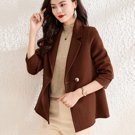 Autumn and winter fashionable temperament suit collar double breasted cashmere double-sided cute top versatile solid color short short short jacket