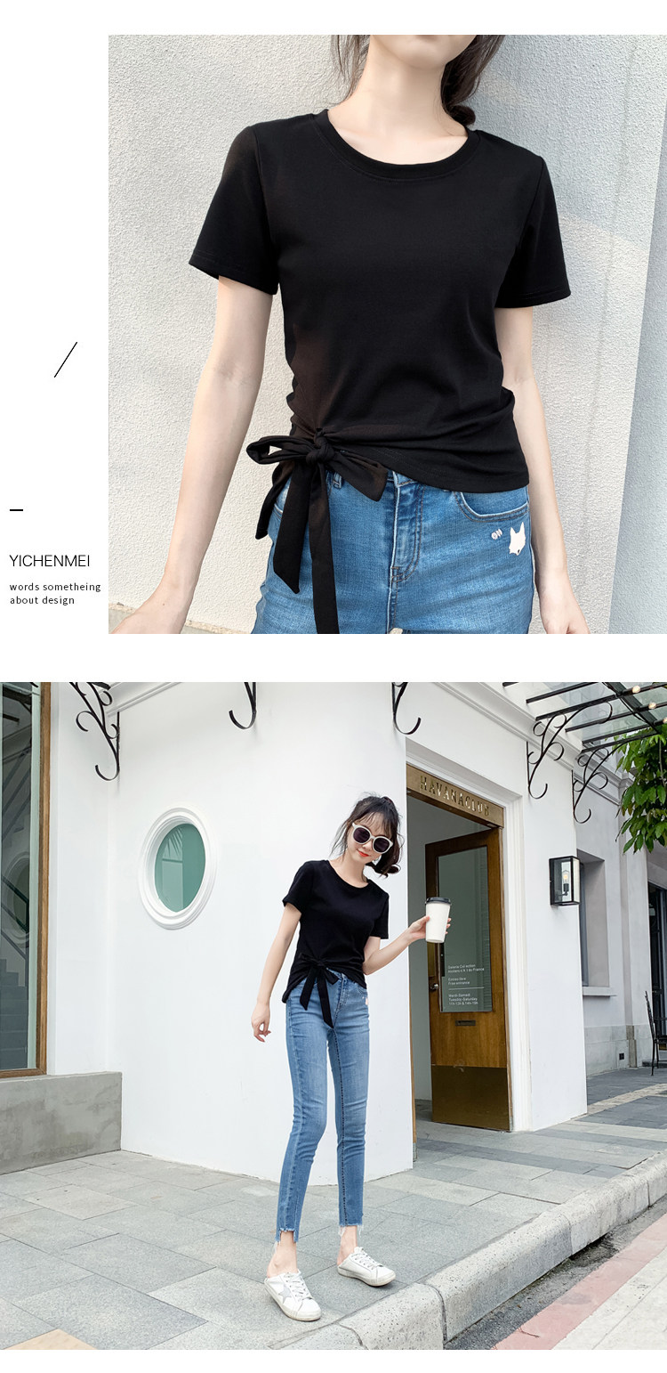2022夏新款独特系带蝴蝶结不规则短袖T恤女修身百搭别致时尚上衣详情15