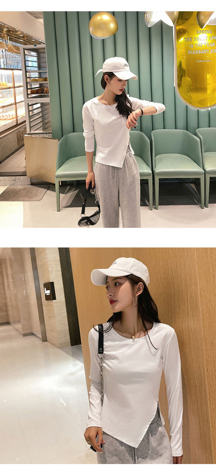 2022春新不规则设计感侧开叉T恤女长袖圆领修身短款纯色打底上衣详情4