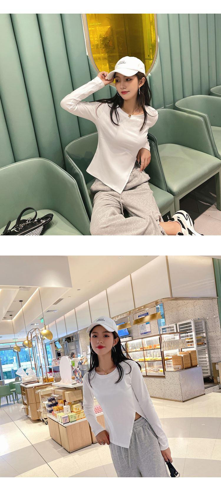 2022春新不规则设计感侧开叉T恤女长袖圆领修身短款纯色打底上衣详情9