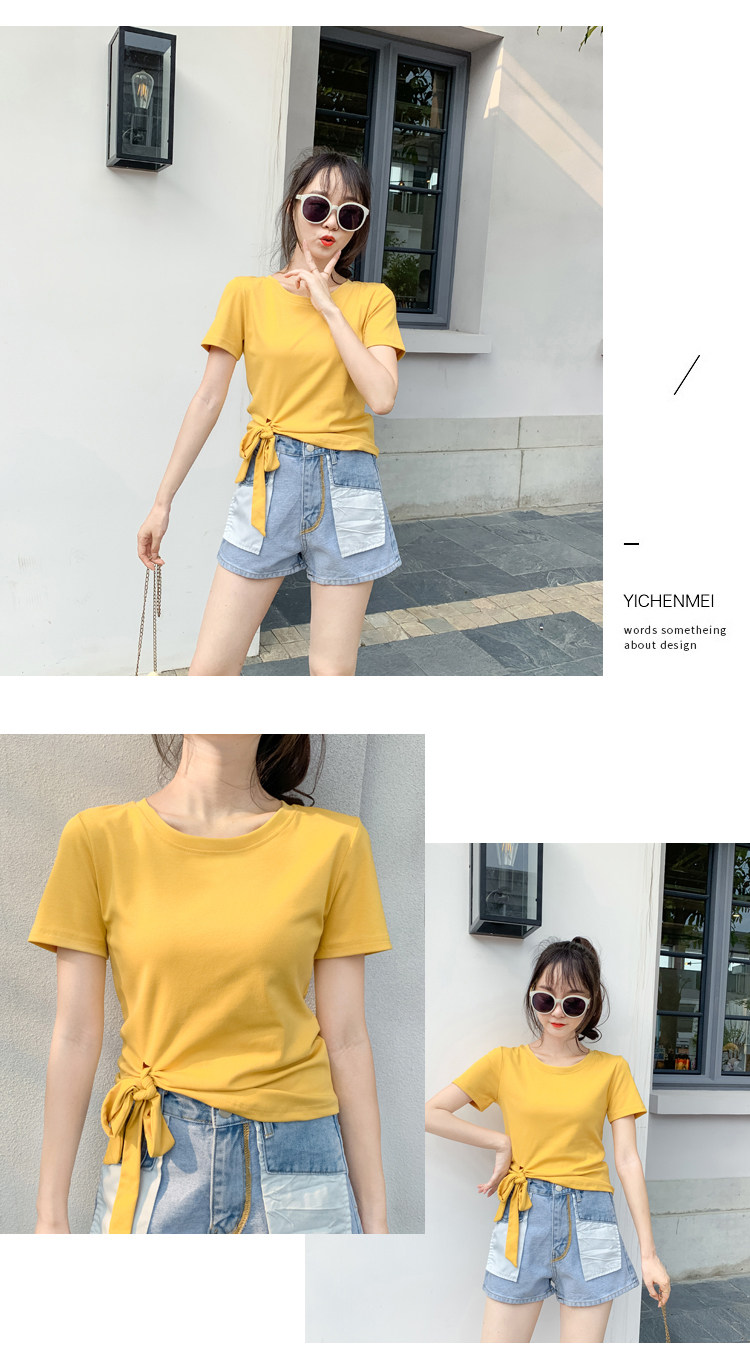 2022夏新款独特系带蝴蝶结不规则短袖T恤女修身百搭别致时尚上衣详情11