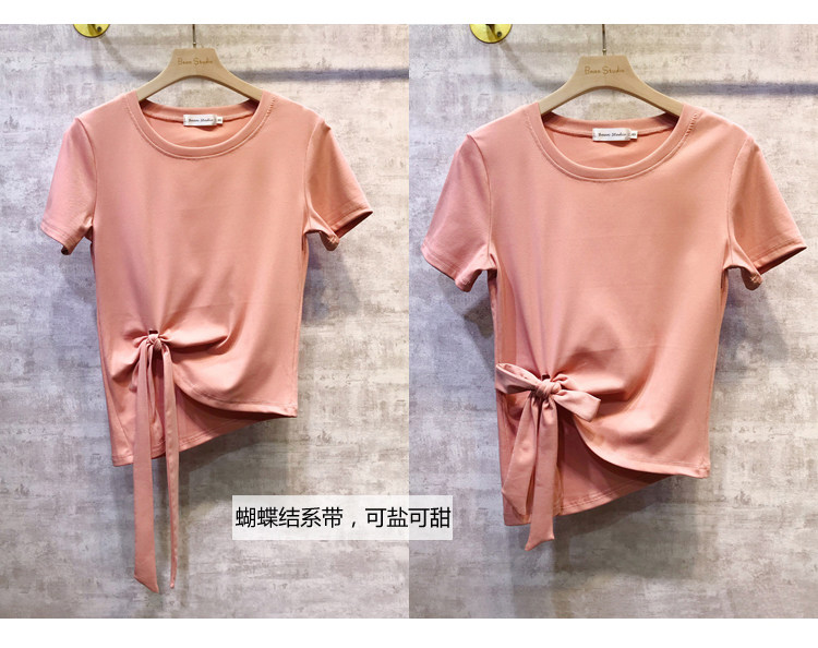 2022夏新款独特系带蝴蝶结不规则短袖T恤女修身百搭别致时尚上衣详情20