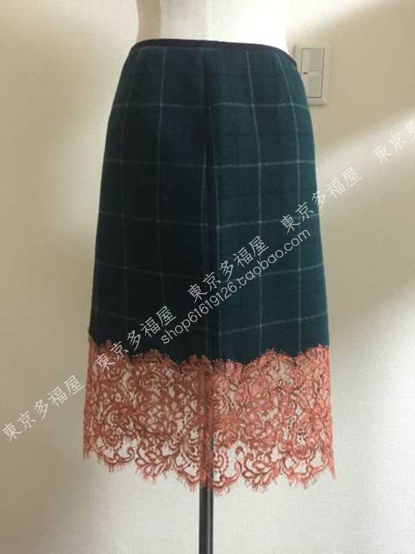 推荐东京代购正品sacai 墨绿拼色羊毛格纹蕾丝半裙1