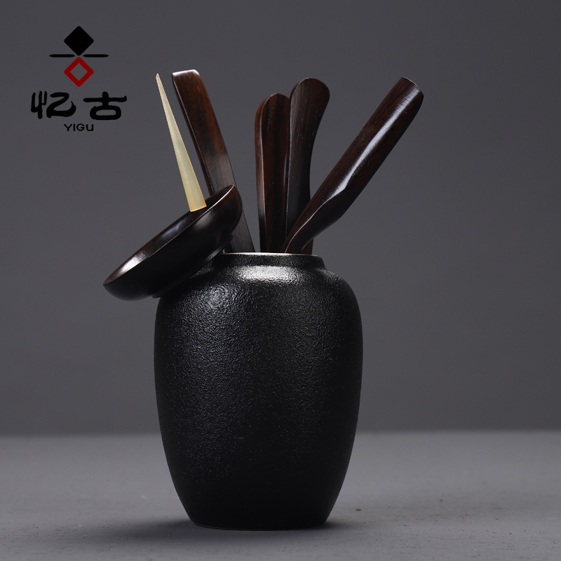 Have the ebony wood, ceramic tea six gentleman 's suit detong tea tray was kung fu tea accessories ChaGa tea spoon