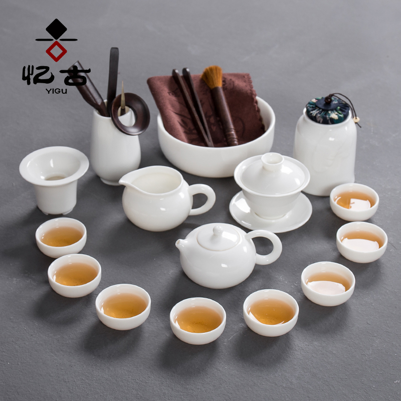 Have the ancient white porcelain suet jade kung fu tea set household dehua white porcelain of a complete set of I and contracted teapot teacup