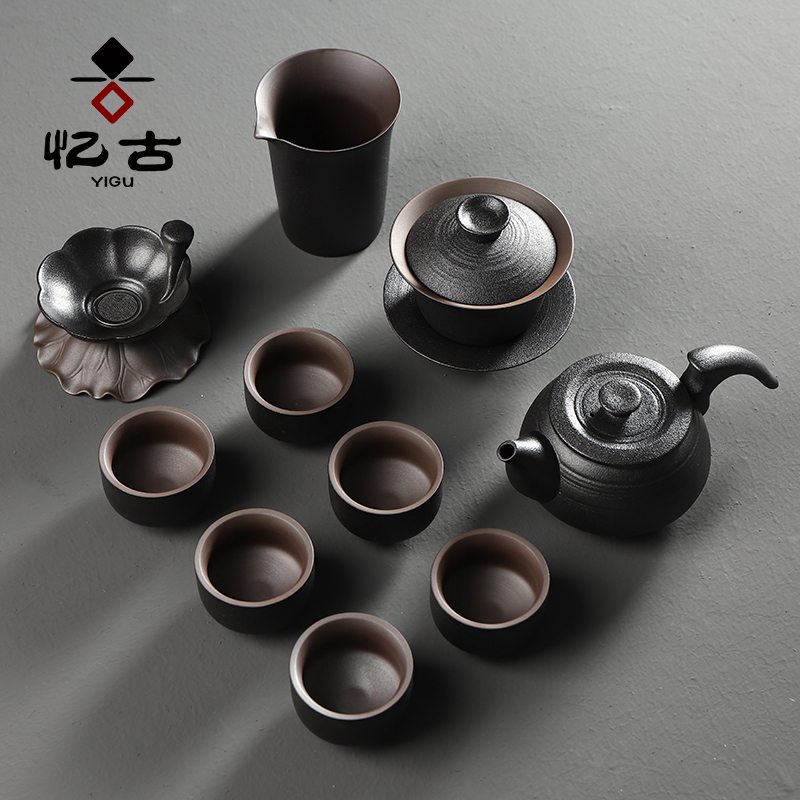 Have the ancient black pottery tea service office suit household contracted sitting room lid bowl of tea cups ceramic kung fu tea set