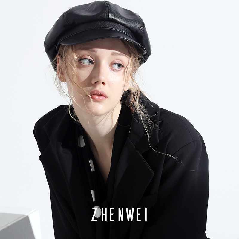 Classic ~ True Celeste black PU leather octagonal autumn and winter beret female British vintage large size big head around the newsboy hat