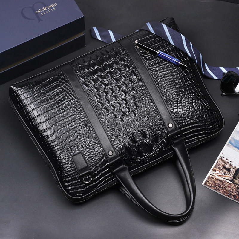Crocodile Pattern Handbag Men's Briefcase Men's Bag Business Casual Leather Bag Horizontal Section Holding Computer Hand Carrying Bag