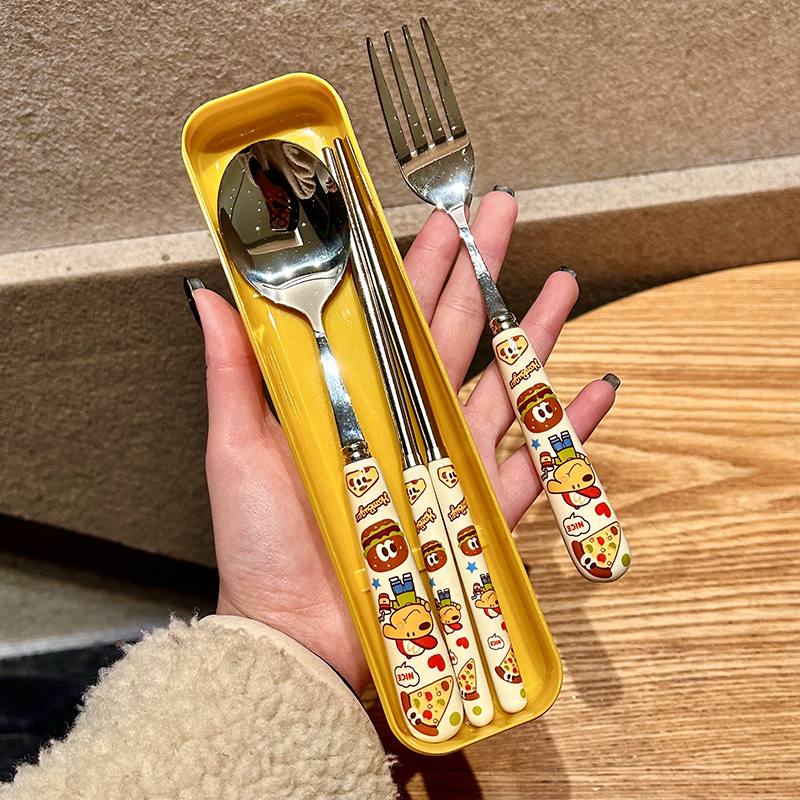 Bread Dog 304 Stainless Steel Spoon, Fork, and Chopsticks Cute Household Portable Three-Piece Set with Cutlery Box for Children and Elementary School Students Bread Dog 304 Stainless Steel Spoon, Fork, and Chopsticks Cute Household Portable Three-Piece Set with Cutlery Box for Children and Elementary School Students