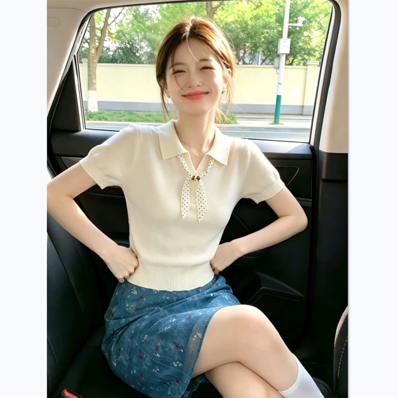Korean-Style Summer Design Polo Shirt, Slim Fit, Flattering, High-End Feel, Turn-Down Collar, Knitted Short-Sleeve T-Shirt for Women