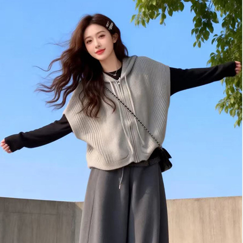 2025 Spring and Autumn Zipper Hooded Knitted Vest for Women, Loose Outerwear Sleeveless Sweater Vest, Women's Top