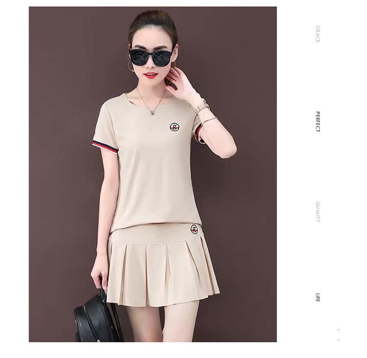 Mùa hè mới 2019 của phụ nữ quần thể thao váy hai dây cotton cổ tròn tay ngắn tay váy tennis cầu lông chạy bộ - Trang phục thể thao áo anta