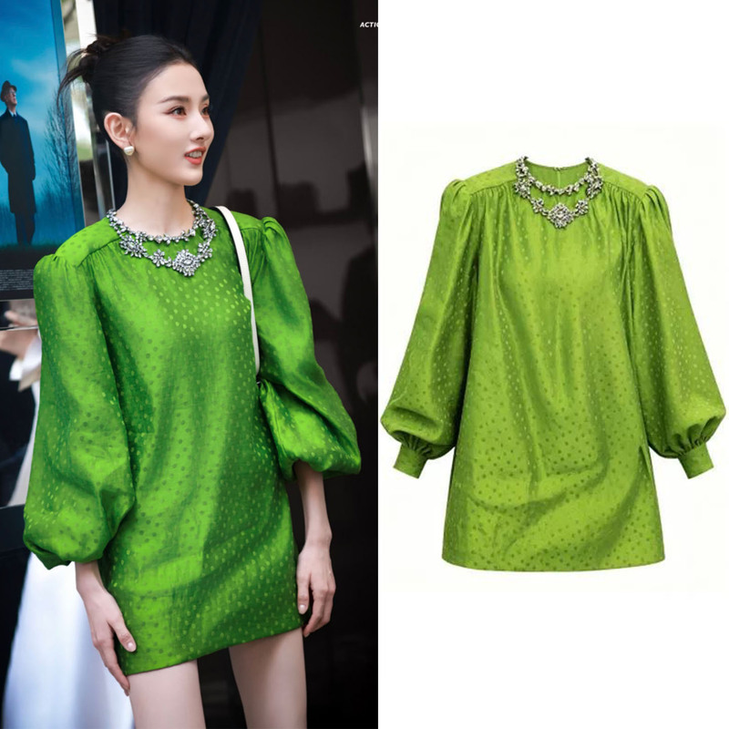 Song Zuer's Same Style Green Polka Dot Dress for Women, 2026 Summer New Loose Casual Versatile Long-Sleeve Dress