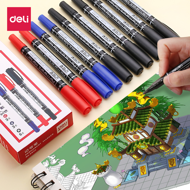 Deli art hook line pen Student double-headed children's painting Kindergarten special stroke fine black oily marker hook line pen groove line pen thick painting hand-drawn line drawing mark 12 sets