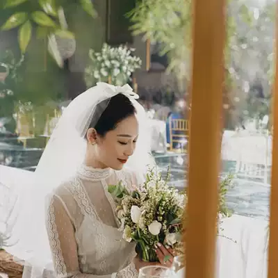 Bride bow veil short super fairy Korean style photo props new forest collar wedding yarn headdress double layer