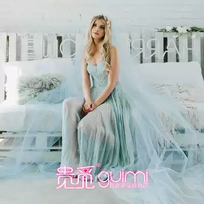 Bride veil light blue New Korean style super long tailing photo props Super fairy wedding veil marine color soft yarn