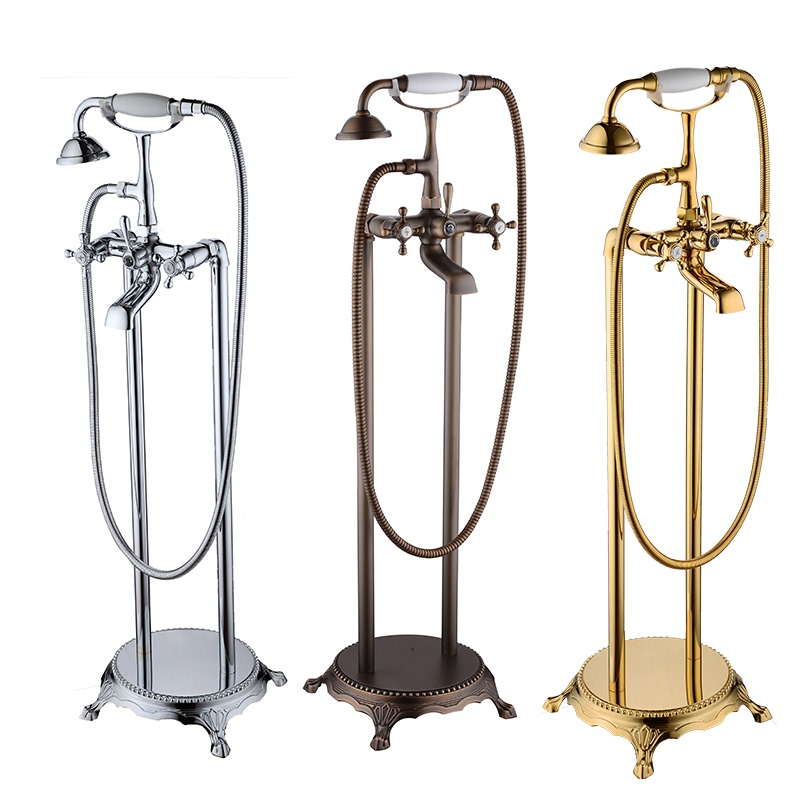 European-Style Classical Bathtub Faucet with Dual Handles and Dual Controls, Floor-Standing, Seated Shower, Mixed Mode, High-End Electroplating
