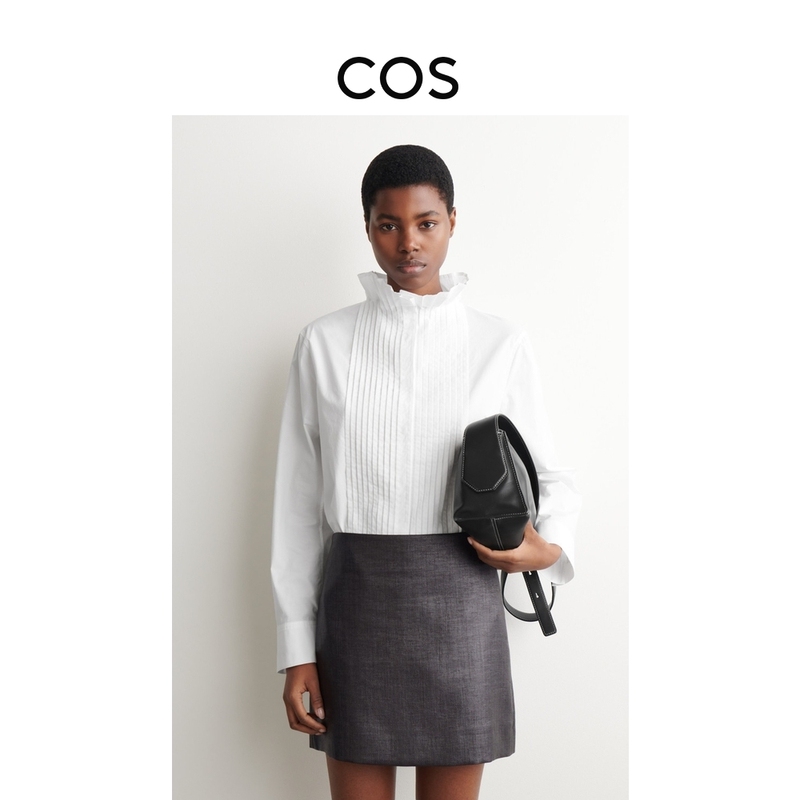 Cos Women's Standard Fit Fine Pleated Funnel Neck Shirt White 1336654001 Cos Women's Standard Fit Fine Pleated Funnel Neck Shirt White 1336654001