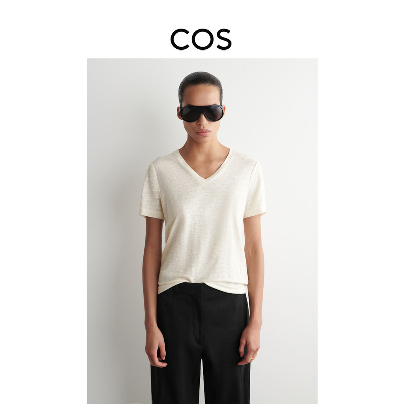Cos Women's Standard Fit Linen V-Neck Short-Sleeved T-Shirt Ivory White 1326338001 Cos Women's Standard Fit Linen V-Neck Short-Sleeved T-Shirt Ivory White 1326338001