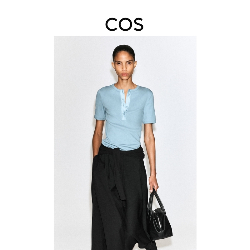 Cos Women's Clothing Standard Fit Ribbed Henley Collar T-Shirt Blue 2026 Autumn New Arrival 1350274006